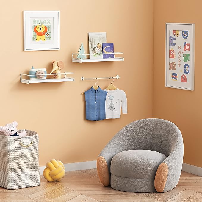 Forbena Bathroom Shelves for Wall Set of 2, White Nursery Floating Book Shelves for Kids Room, Small Wall Mount Bookshelf and Toy Storage Organizer for Baby Toddlers Teens Boys Girls Bedroom