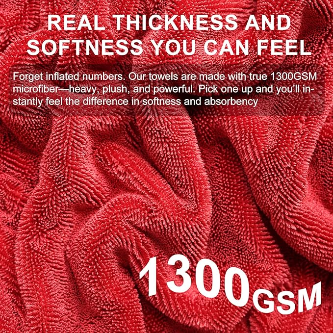 2 Pack XL Car Drying Towel – 1300GSM Ultra Absorbent Microfiber, 24"x36" Large Size, Twisted Loop, Lint-Free & Streak-Free for Auto Detailing, Car, SUV, Truck(Gray-RED)