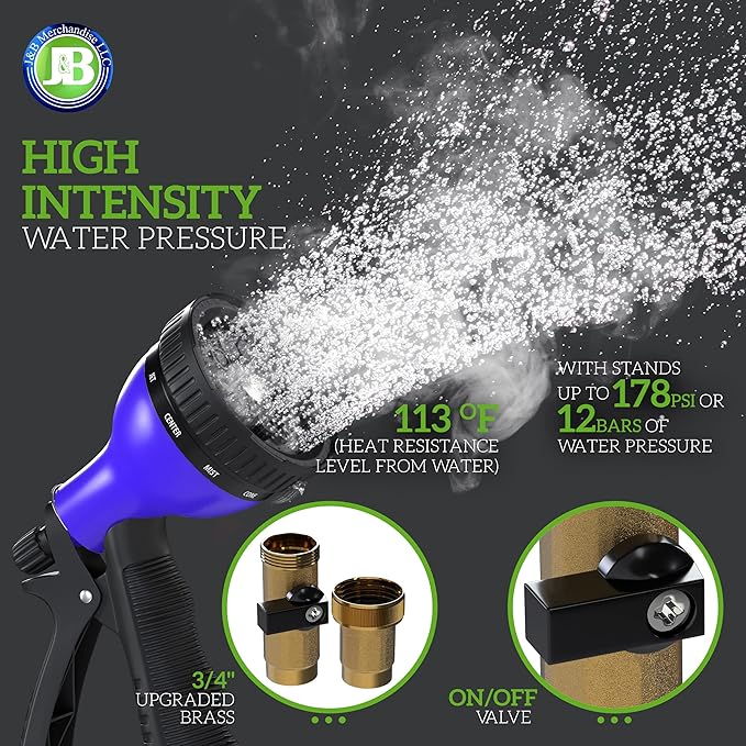 J&B XpandaHose 75ft Expandable Garden Hose with Holder - Heavy Duty Superior Strength 3750D - 4 -Layer Latex Core - Extra Strong Brass Connectors and 10 Spray Nozzle w/Storage Bag (Blue 75)