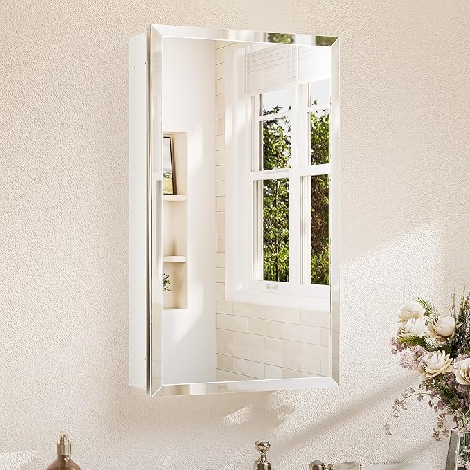 TETOTE 15 x 26 Mirrored Medicine Cabinets for Bathroom with Tempered Beveled Mirror White Medicine Cabinet Aluminum Cabinet DTC Hinges, Stepless Adjustable Shelves, Recessed/Surface-Mounted