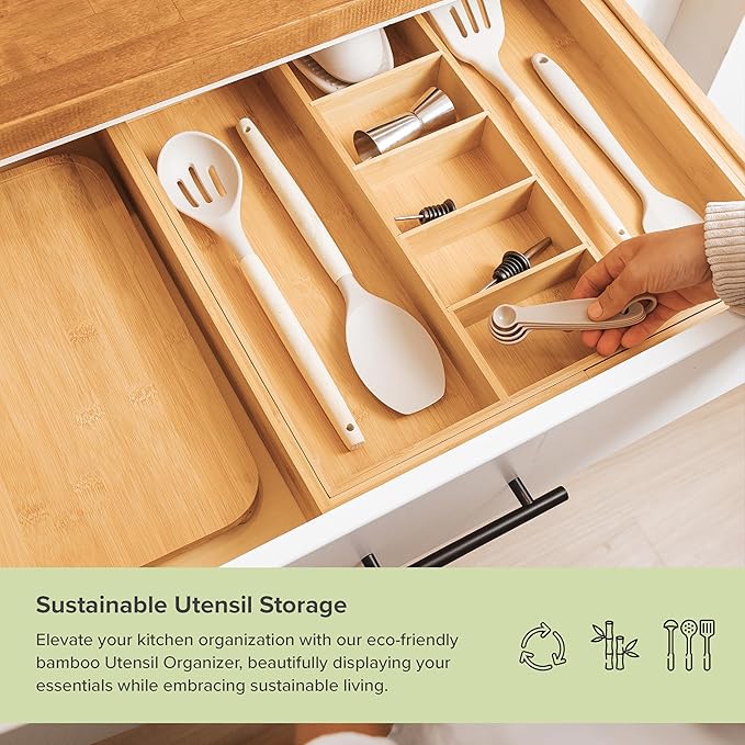 KitchenEdge Adjustable Kitchen Drawer Organizer for Utensils and Junk, Food-Safe Contract Grade with 100% Sustainable Wood, Expandable from 19 to 33 Inches Wide - Natural Bamboo
