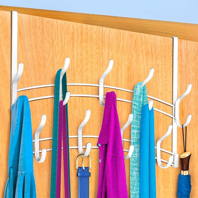 LYNK Professional® Home™ Over Door Hooks Rack - 18 Hook Over Door Hanger - Over Door Towel Rack - Hanging Towels or Clothes - Bathroom, Bedroom or Laundry Room - Lifetime Ltd. Warranty - White