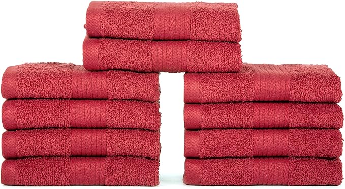 Ample Decor Wash Cloths Pack of 10, 600 GSM 100% Cotton Soft Absorbent, Premium Quality Durable, Ideal for Bathroom, Pool, Hotel, Spa - Christmas Red