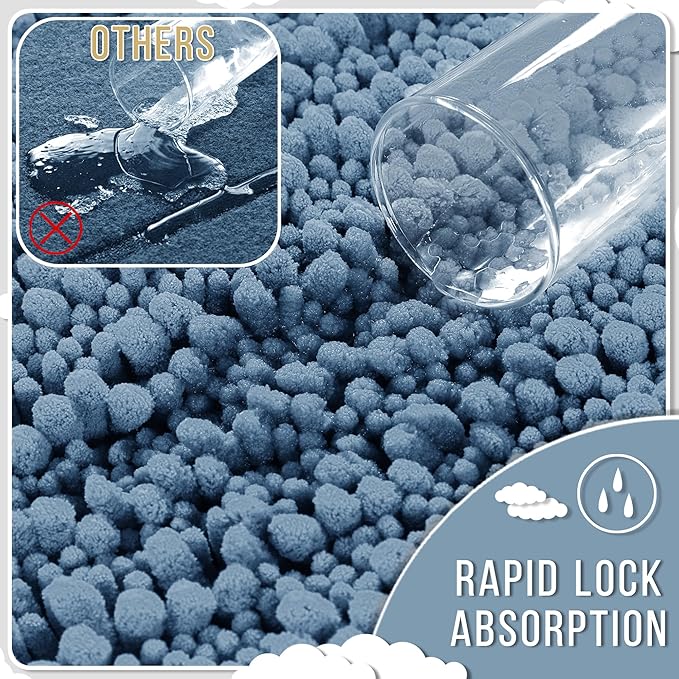 Yimobra Bathroom Rugs Sets 2 Piece - Quick Dry Extra Thick Luxury Chenille Bath Mat, Non Slip Super Absorbent for Tub Shower Sink, Machine Washable Shaggy Floor Mat, 24"x17+24"x20" Inch, Denim Blue