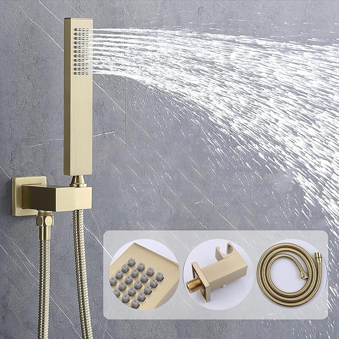 Thermostatic Shower System Brushed Gold Shower Faucet Set, Four Modes Shower Faucet with 4 PCS Body Jet, Handheld Spray, Ceiling Mount 12 inch Shower Head with 8 inch Wall Mount Shower Head