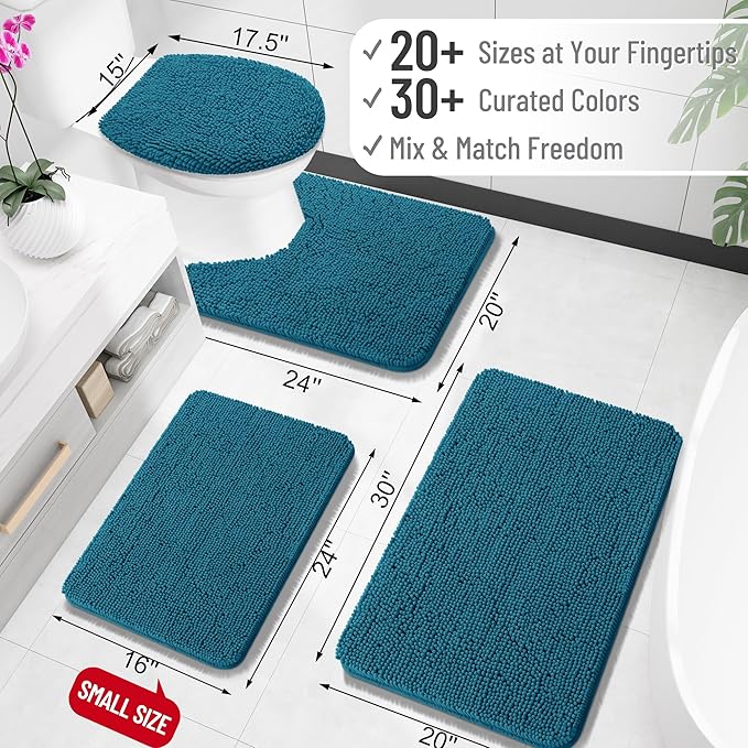 OLANLY Bathroom Rugs 30x20, Extra Soft Absorbent Chenille Bath Rugs, Rubber Backing Quick Dry, Machine Washable Bath Mats for Bathroom Floor, Tub and Shower, Home Decor Accessories, Peacock Blue