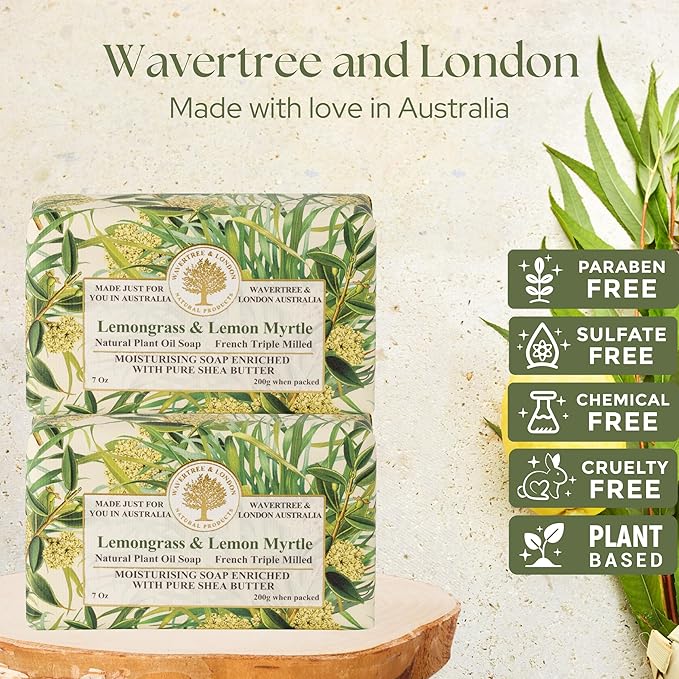 Wavertree & London Lemongrass & Lemon Myrtle Scented Natural Soap (2 Bars), 7oz Moisturizing French Triple Milled Soap Bars enriched with shea butter - Pure Plant Oil Bath & Body Soap Bars