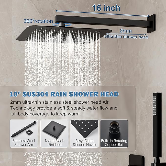 Black Shower System, Shower Faucet Set with 10-Inch Rain Showerhead and Handheld Spray, Wall Mounted High-Pressure Showerhead Combo Set Included Valve and Trim, Matte Black