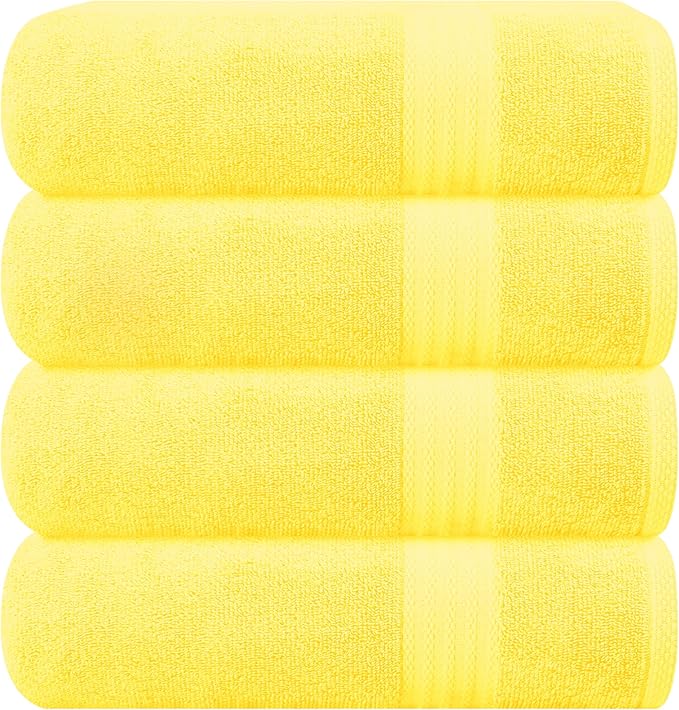 GLAMBURG Premium Cotton 4 Pack Bath Towel Set - 100% Pure Cotton - 4 Bath Towels 27x54 - Ideal for Everyday use - Ultra Soft & Highly Absorbent - Yellow