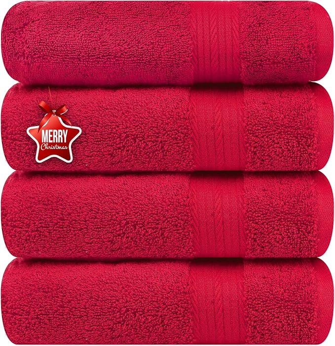 Ample Decor Hand Towel 18 X 28 Inch Pack of 4 600 GSM 100% Cotton, Soft Absorbent Thick Durable Premium Quality, for Hotel, Bathroom, Spa, Daily Use, Gym - Christmas Red