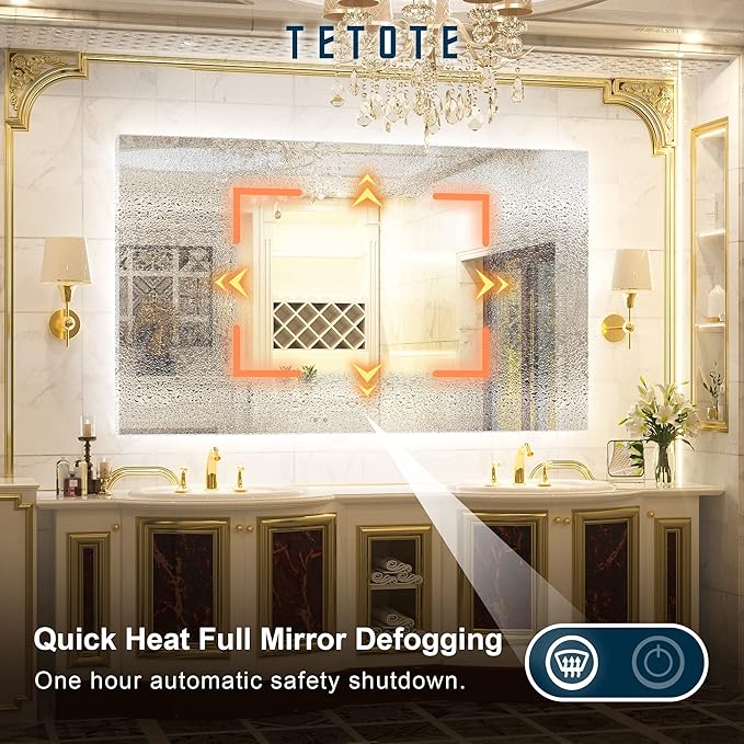 TETOTE 60 x 36 Inch LED Backlit Bathroom Vanity Mirror with Light,Anti-Fog,Dimmable,CRI90+,Touch Button,Water Proof,Large,Lighted Mirror,Horizontal/Vertical Wall Mounted