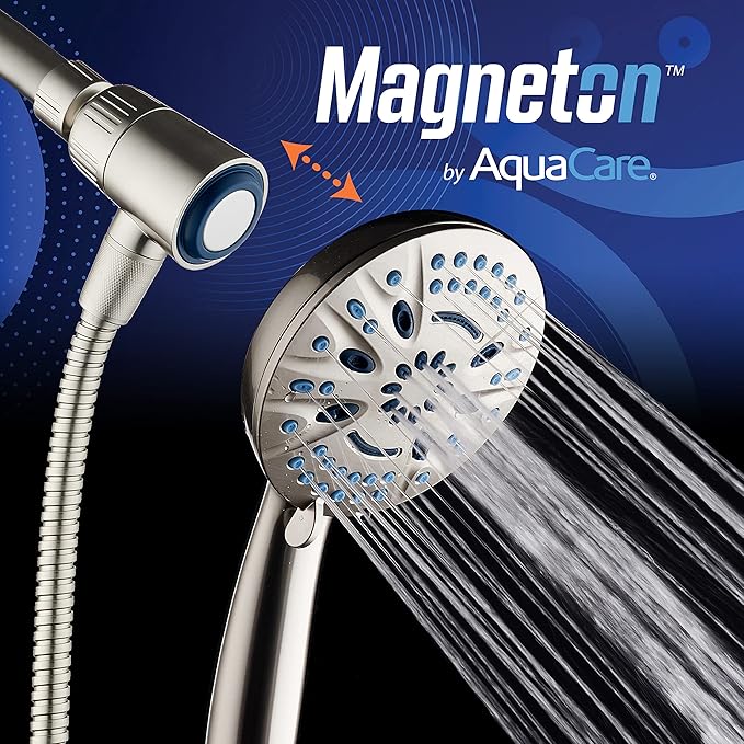 AquaCare Magneton High-Pressure 8-mode Handheld Shower Head with Magnetic Guidance Docking System - 2 Magnetic Brackets, 5 inch Face, Hygienic Jets, 6 ft. Stainless Steel Hose - All Nickel Finish