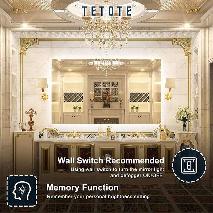 TETOTE 60 x 36 Inch LED Backlit Bathroom Vanity Mirror with Light,Anti-Fog,Dimmable,CRI90+,Touch Button,Water Proof,Large,Lighted Mirror,Horizontal/Vertical Wall Mounted