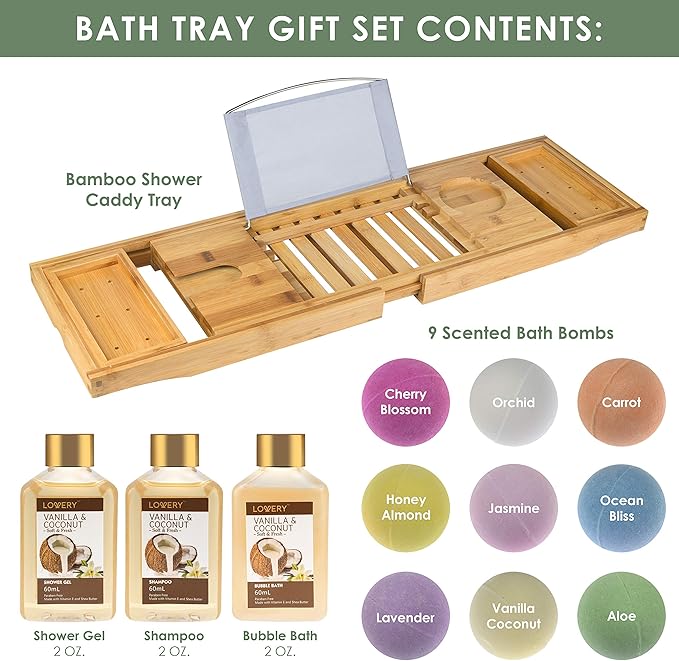 from Son, Premium Bamboo Bathtub Caddy Tray Gift Set with Bath Bombs, Shower Gel, Shampoo & Bubble Bath, Luxury Bathtub Trays with Book & Wine Holder, Expandable Tray to Fit Any Tub
