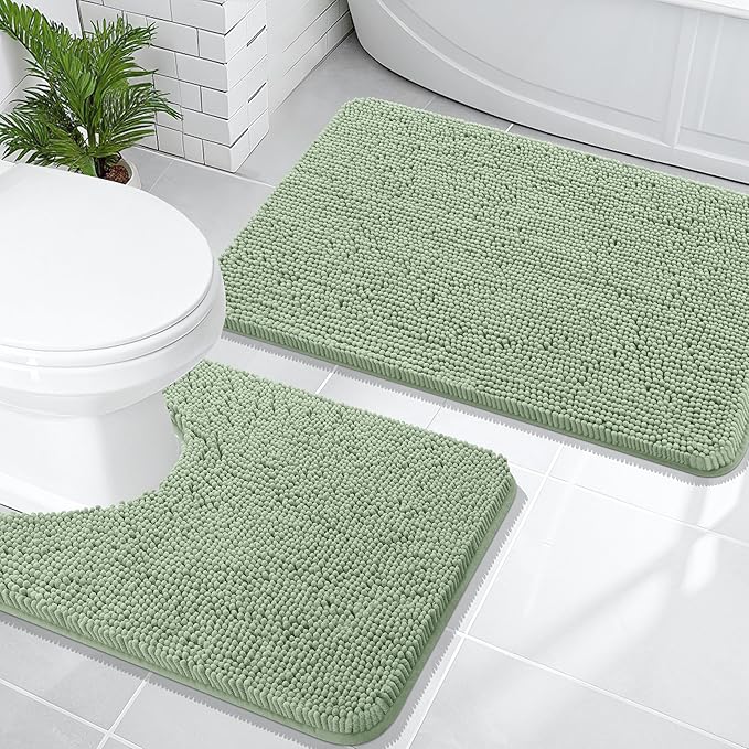 OLANLY Bathroom Rugs Sets 2 Piece, Soft Absorbent Chenille Bath Mats and U-Shaped Contour Toilet Mat Area Rug Set, Machine Washable Bath Carpet, Home Decor Accessories(30"x20"+24"x20", Sage Green)