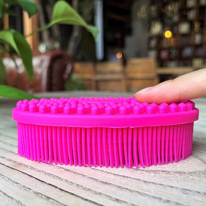 Premium Sensory Brush for Kids or Autism,Soft Silicone Body Scrubber,2 in 1 Sensory Room Occupational Therapy Sensory Brushes,Silicone Loofah,Pets Shower Brush Bath Brush Shampoo Brush(Oval-hot Pink)