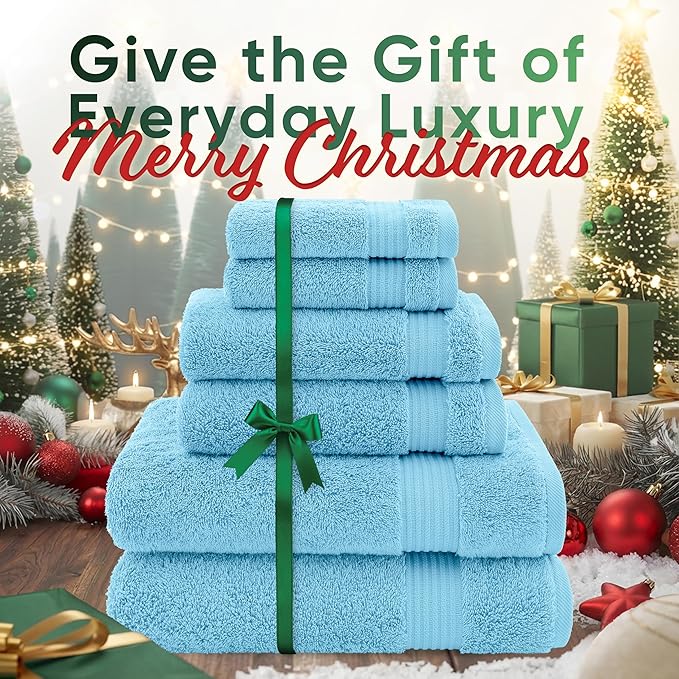 American Veteran Towel, 100% Cotton Turkish 6 Piece Towel Set Luxury Towels Set of 6 for Bathroom Essentials, 2 Bath Towels 2 Hand Towels 2 Washcloths, Sky Blue