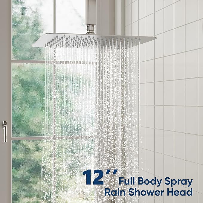 ESNBIA Shower System, 12 Inches Rain Shower Head with Handheld Combo Set, Shower Faucet Set with Valve and Trim, Ceiling Mounted High Pressure Rainfall Dual Shower Head System, Brushed Nickel
