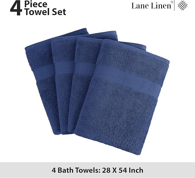 LANE LINEN Bath Towels 4 Pack (28"x54") - 100% Ring Spun Cotton Towels Set for Bathroom - Durable, Quick Dry, Soft & Highly Absorbent Long Lasting Bath Towel Set - Dorm Essentials for Boys - Navy Blue