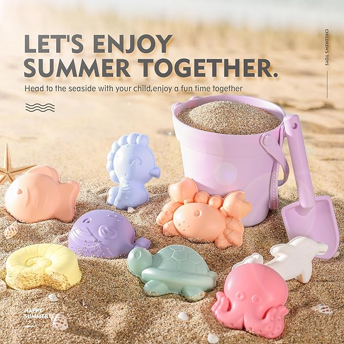 MarcZero 11Pcs Silicone Beach Toys,Modern Baby Beach Toys,Travel Friendly Beach Set,Eco Friendly Toy,Silicone Bucket, Shovel, 8 Sand Molds, Beach Bag,Silicone Sand Toys for Toddlers, Kids (Purple)