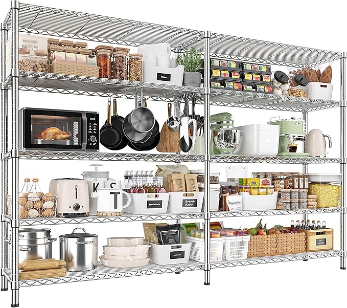 REIBII 70" W Wire Shelving Load 1500LBS, Metal Shelving 5-Tier Storage Shelves Metal Shelves for Storage Adjustable Shelving Rack for Pantry Kitchen Commercial School 70" W*15.8" D*72.4" H,Chrome