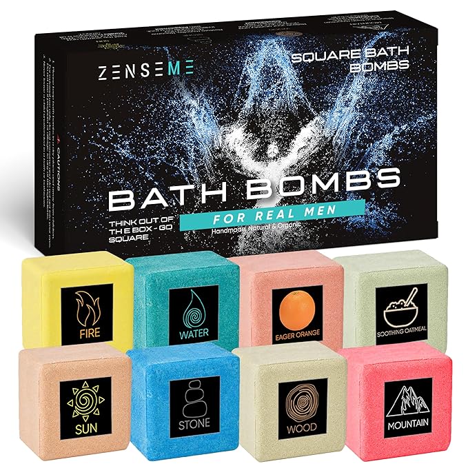 Bath Bombs for Men - Gift Set of 8 Scented Organic Handmade Natural Bath Bombs of 2.5 oz w/Natural Essential Oils, Unique Extra Strength Manly Scents, for Boyfriend, Husband, Father - Square Shape