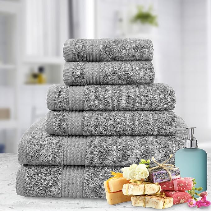 American Veteran Towel, 6 Piece Towel Set for Bathroom, 100% Cotton Turkish Bathroom Towels, 2 Bath Towels 2 Hand Towels 2 Washcloths, Cool Grey