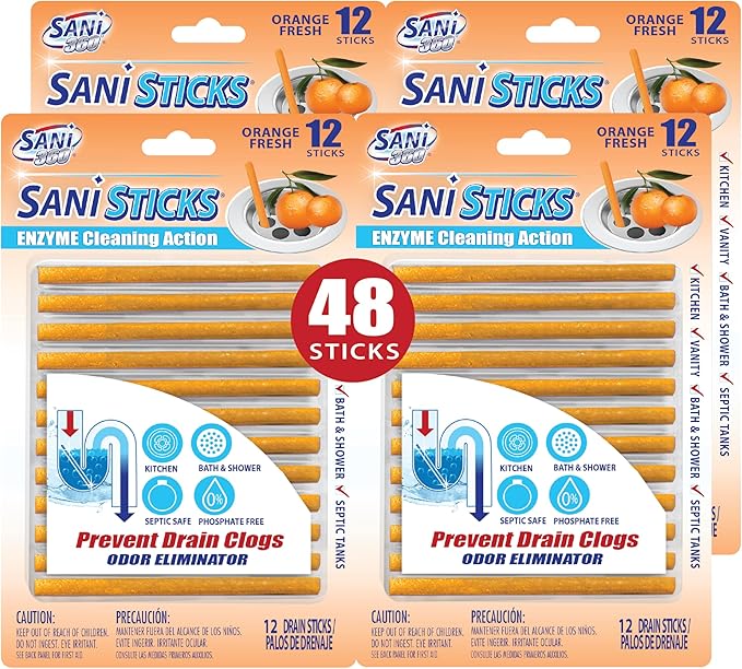 SANI 360° Sani Sticks Drain Cleaner and Deodorizer, 48 Count, Orange Scent Enzyme Pipe Cleaners, Eliminate Odors, Prevent Clogged Drains, Safe for Sinks, Bathtub Drains, Septic Tanks