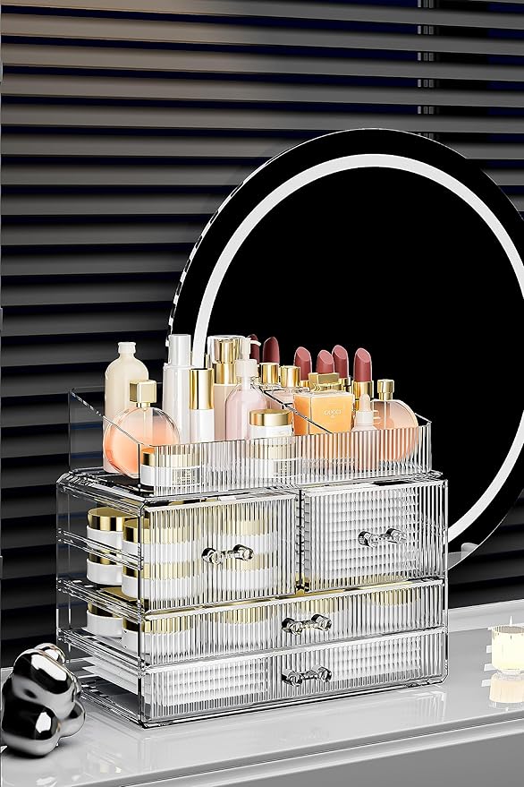 ZHIAI Stackable Storage Drawers, Acrylic Bathroom Counter Organizer Clear Makeup Organizers for Vanity, Kitchen Cabinets, Bathroom, Undersink, Home Organization and Storage (1 Top 4 Drawers D)