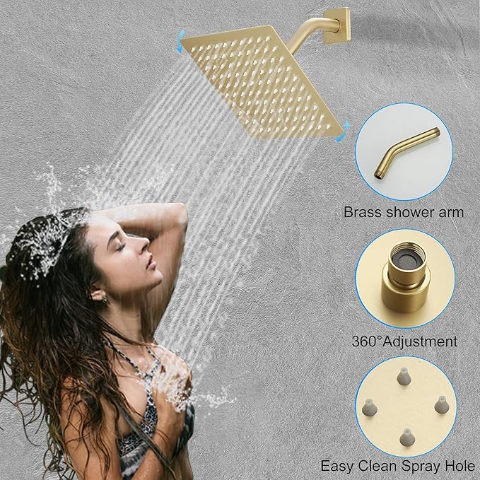 Brushed Gold Shower System, 8 Inch High Pressure Rain Shower with Handheld, Wall Mount Shower Faucet Set for Bathroom, Rough-in Valve Body and Trim Included