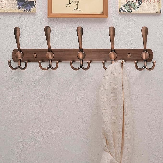 Dseap Wall Mounted Coat Rack - 5 Tri Hooks, Heavy Duty, Stainless Steel, Metal Coat Hook Rail for Coat Hat Towel Purse Robes Mudroom Bathroom Entryway (Antique Copper, 2 Packs)