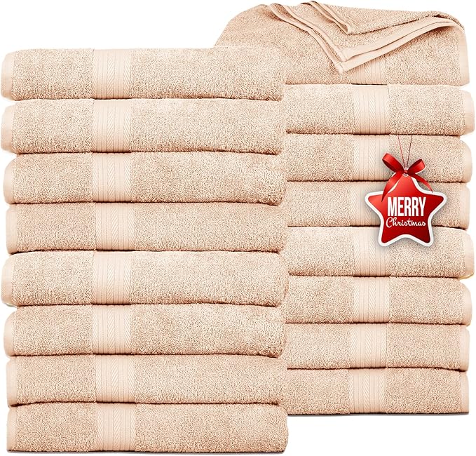 Ample Decor Bath Towels Pack of 16 600 GSM 100% Cotton, Absorbent Soft Premium Quality Machine Washable, Oeko Tex Certified, for Bathroom, Hotel, Spa, Gym, Kitchen - Beige - 30 X 54 Inch
