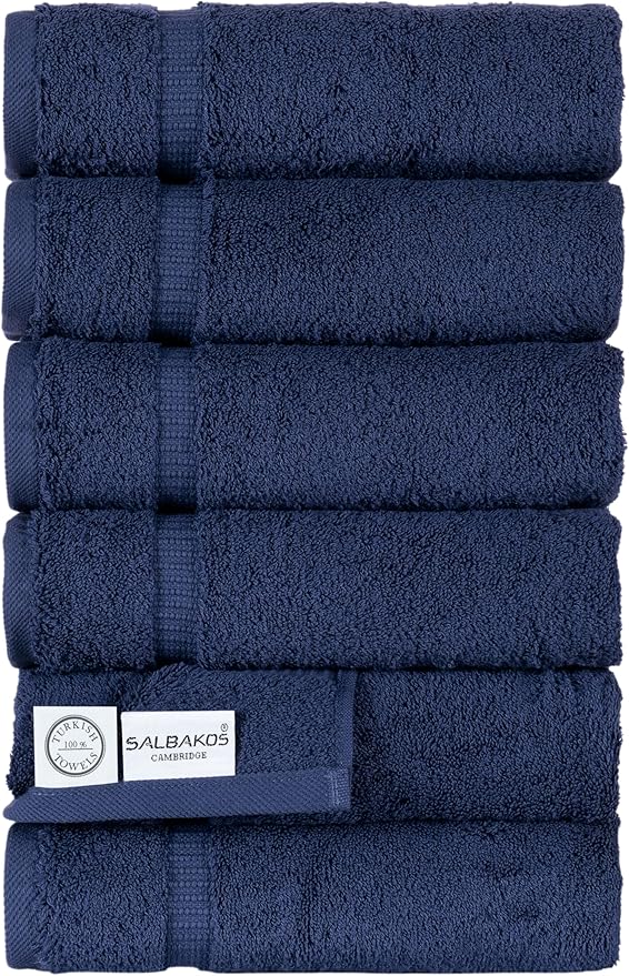 SALBAKOS 100% Turkish Cotton Hand Towel Set of 6 16x30 inch | Heirloom Quality | Hotel & Spa Collection | Ultra Soft, Super Absorbent, Long Lasting Hand Towels | Made in Turkey (Navy, 6 Hand Towels)