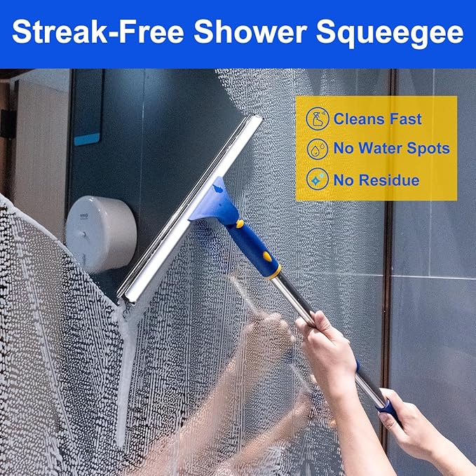 ITTAHO Shower Squeegee for Glass Doors, All-Purpose Extendable Window Squeegee with 2 Blades and Stainless Steel Pole, Window Cleaner Tool for Shower Doors, Windows, Bathroom and Car Windshields