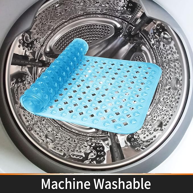 Yimobra Bathtub Mat Non Slip, Super Strong Suction Cups, 27.5"x15.5" Long Shower Mat with Drain Holes, Machine Washable Fast Draining Bath Mats, Bathroom Essentials,Clear Blue