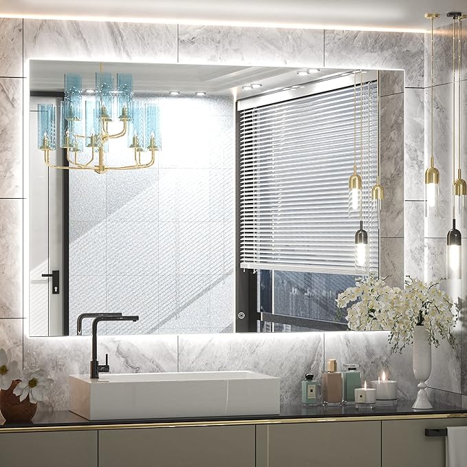 TETOTE 48 x 36 Inch LED Backlit Bathroom Mirror with Lights, LED Vanity Mirror, Frameless, Anti-Fog, Dimmable, CRI90+, Touch Button,Water Proof, Horizontal/Vertical Wall Mounted