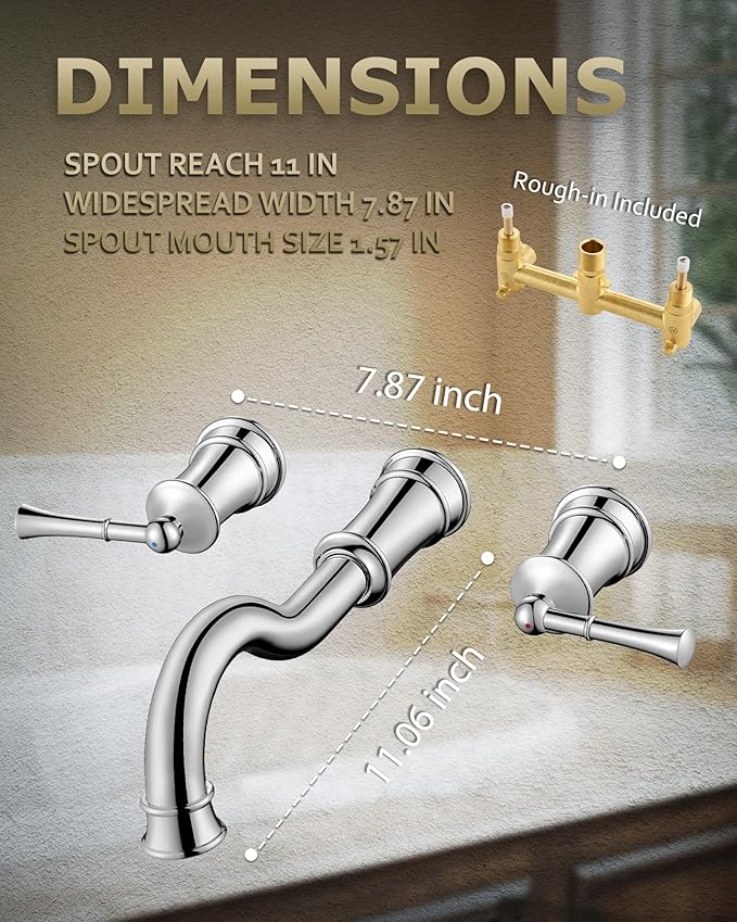 Roman Bathtub Faucet Wall Mount Widespread Tub Filler with Rough-in Valve 3 Holes 2 Lever Handle Elegant Classic Spout for Bathroom, Chrome