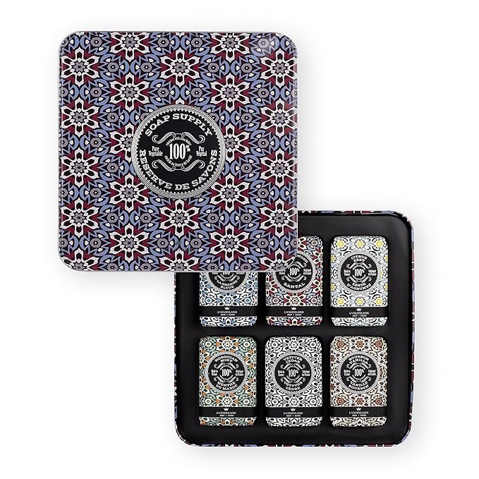 La Chatelaine Soap Supply Tin Gift Set |Unisex, Men, Women| Plant-based shea butter bar soaps | Made in France | Natural and Organic | Large soap bars | Set of 6, 8.8 oz./250g bars - Red Mosaic