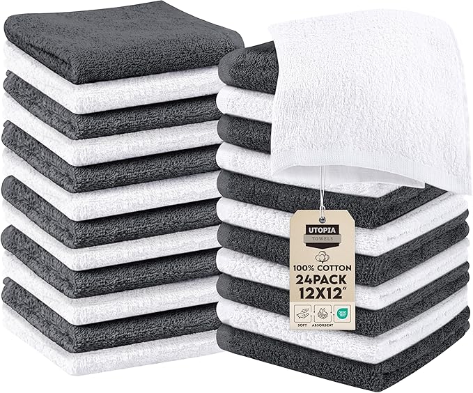 Utopia Towels 24 Pack Cotton Washcloths Set, 100% Ring Spun Cotton, Premium Quality Flannel Face Cloths, Highly Absorbent and Soft Feel Fingertip Towels, Grey, White