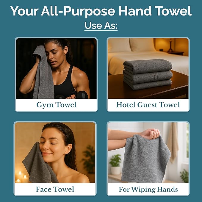 Casa Platino 100% Mercerized Cotton Hand Towels for Bathroom (16"x28") - Spa & Hotel Quality - Ring Spun - Quick Dry, Soft & Absorbent Bath Hand Towel Set of 4 - Pet Friendly, Pre Shrunk - Cool Grey
