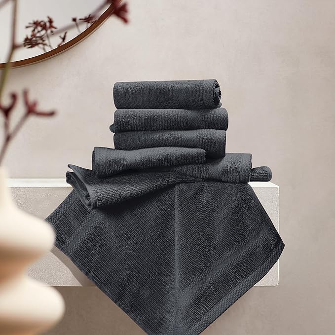 GLAMBURG Ultra Soft 12-Piece Washcloths Set 13x13-100% Ringspun Cotton - Durable & Highly Absorbent Face Towels - Ideal for use in Bathroom, Kitchen, Gym, Spa & General Cleaning - Charcoal Grey