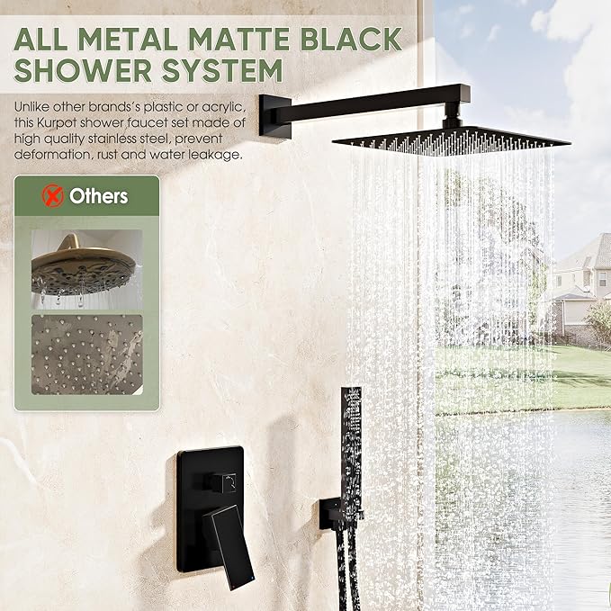Black Shower System, Wall Mounted Shower Faucet Set with Valve, 10-Inch Rainfall Shower Head with Handheld Combo Spray, 59'' Long Shower Hose and Shower Trim Kit, Matte Black