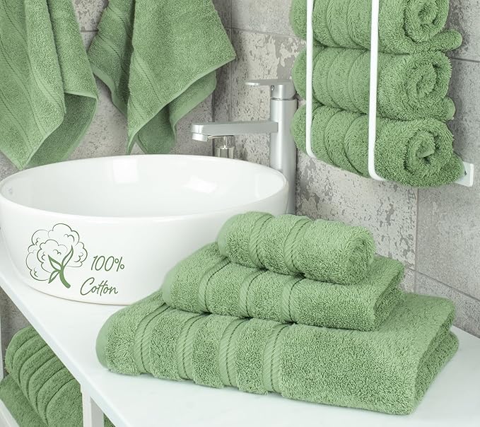 American Soft Linen Premium 3 Piece Towel Set, 1 Bath Towel 1 Hand Towel 1 Washcloth, 600 GSM 100% Cotton Turkish Towels for Bathroom, Sage Towel Set