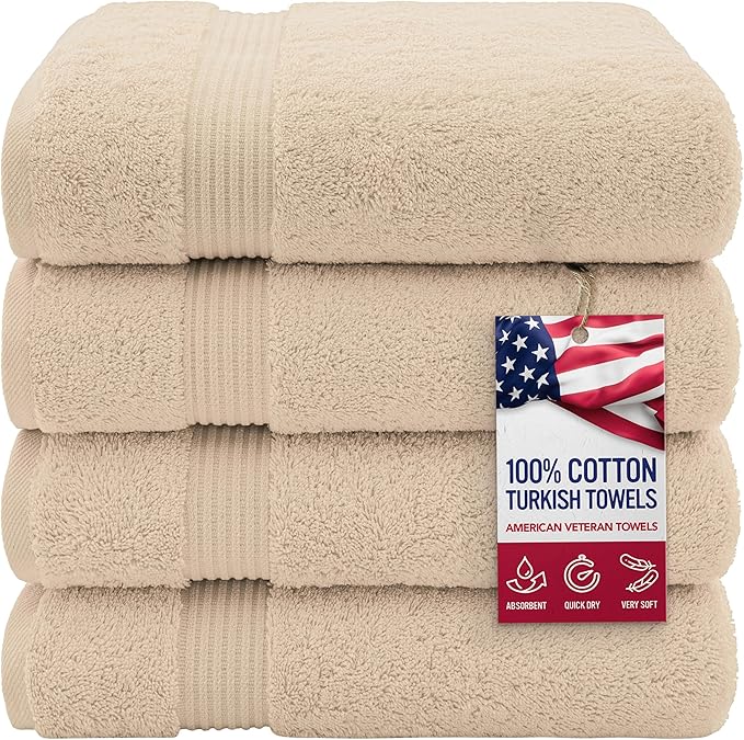 American Veteran Towel, 100% Cotton Turkish Bath Towels for Bathroom 4 Pack, 27x54 Extra Large Premium Soft Drying Bathroom Towels, Beige