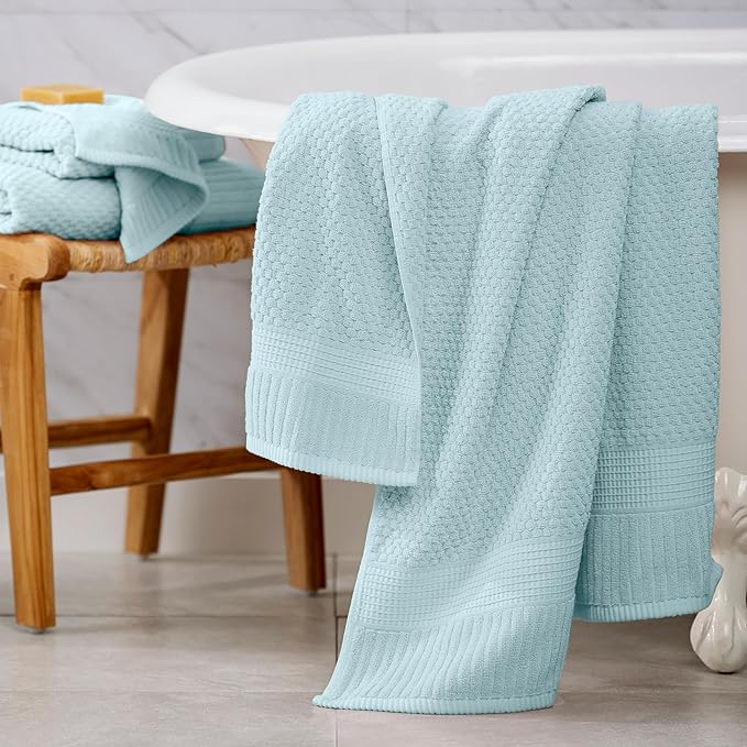 NY Loft 100% Cotton Bath Towels 4 Pack | Super Soft & Absorbent Quick-Dry Bath Towels 30" x 52" | Textured and Durable Cotton | Trinity Collection (4 Pack Bath Towel, Seafoam)