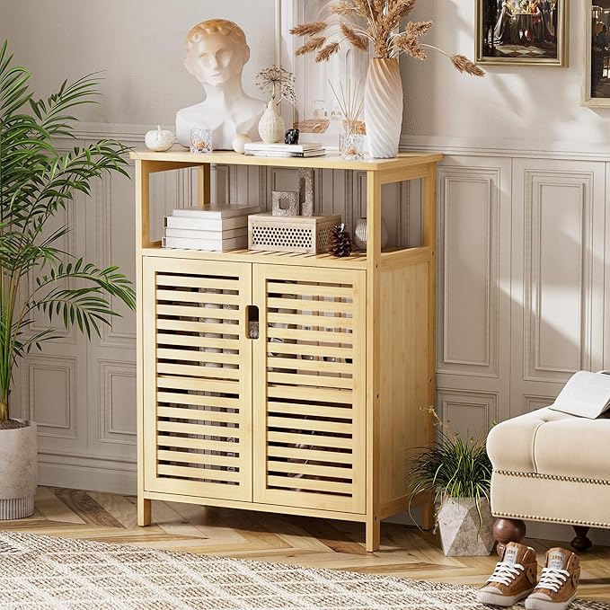 HITNET Bathroom Cabinet Freestanding, Bamboo Storage Cabinet 4-Tier Floor Cupboard with Door and Shelf for Bathroom, Kitchen, Hallway, Natural