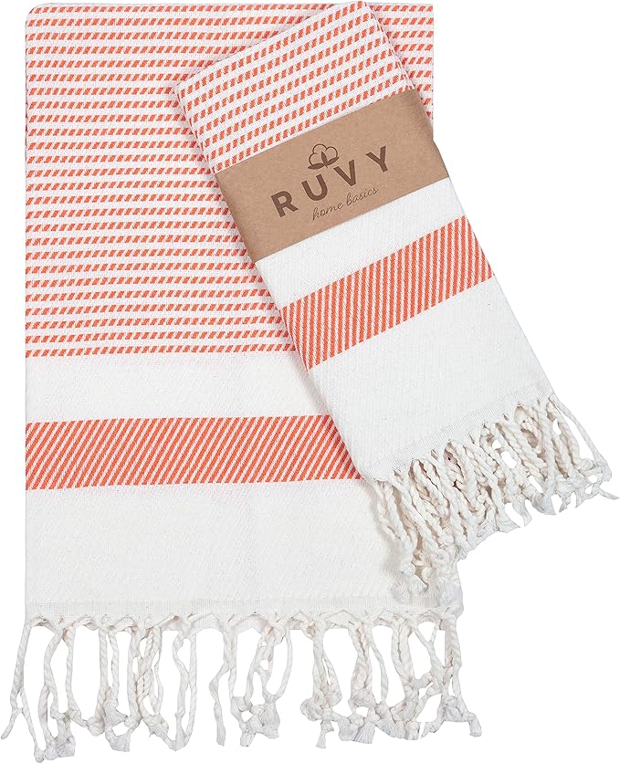 Ruvy Home Basics Turkish Hand Towels for Bathroom Set of 2 | 18"x40", Cotton | Decorative Towel for Bathroom, Kitchen, Dishcloth, Tea, Yoga, Face, Gym - Orange