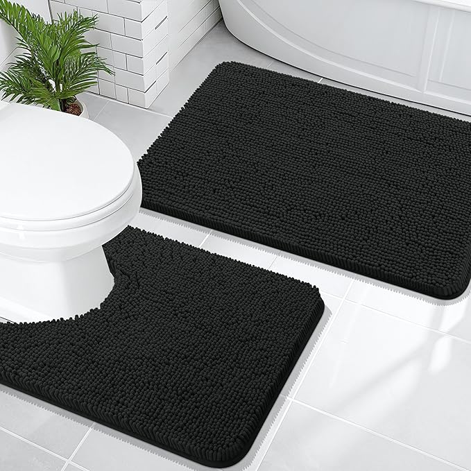 OLANLY Bathroom Rugs Sets 2 Piece, Soft Absorbent Chenille Bath Mats and U-Shaped Contour Toilet Mat Area Rug Set, Machine Washable Bath Carpet, Home Decor Accessories(30"x20"+24"x20", Black)