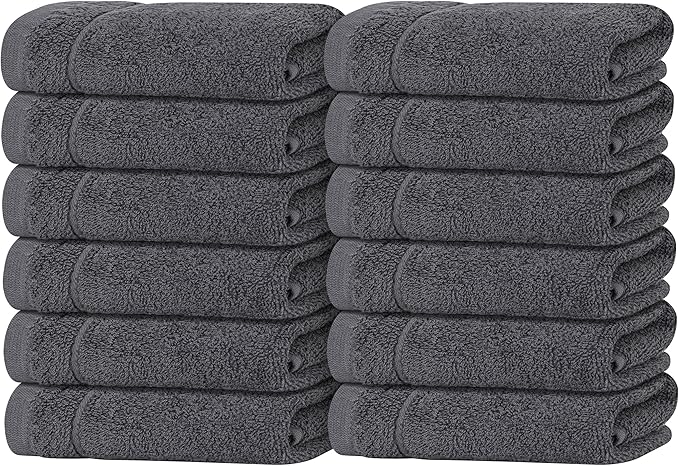 Tens Towels Pack of 12 Washcloths, 12 x 12 Inches, Lighter Weight, Quick to Dry, Super Soft & Absorbent, Gentle Face Towels, Hotel Quality, Perfect for Bathroom, Gym, Spa (Dark Grey, 12 Pack)