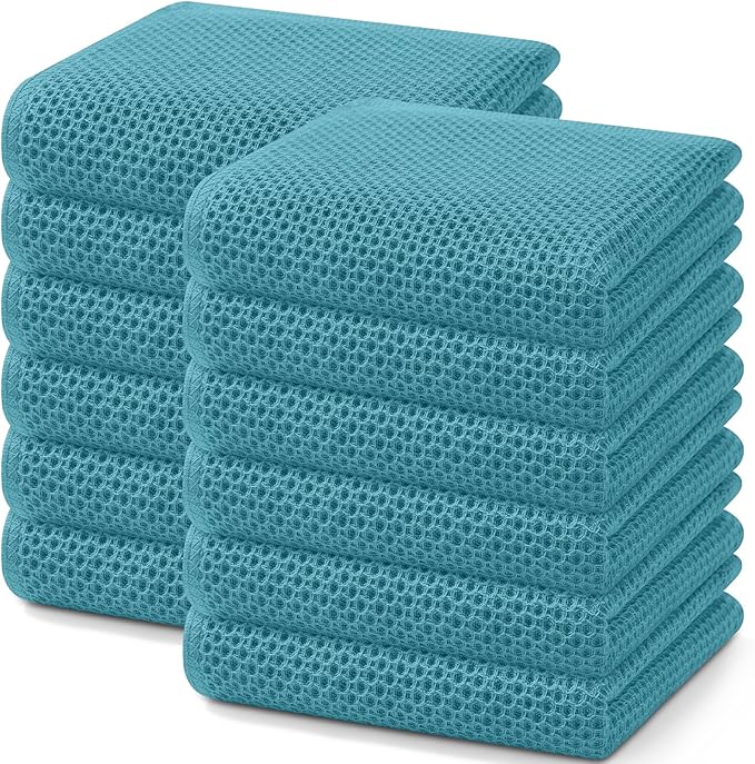 Homaxy 100% Cotton Waffle Weave Kitchen Dish Towels, Ultra Soft Absorbent Quick Drying Cleaning Towel, 13 x 28 Inches, 12-Pack,Lake Blue